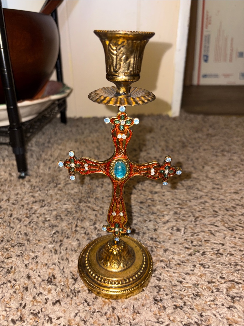 Vintage Brass Crucifix candle holder with enamel and rhinestones inlay